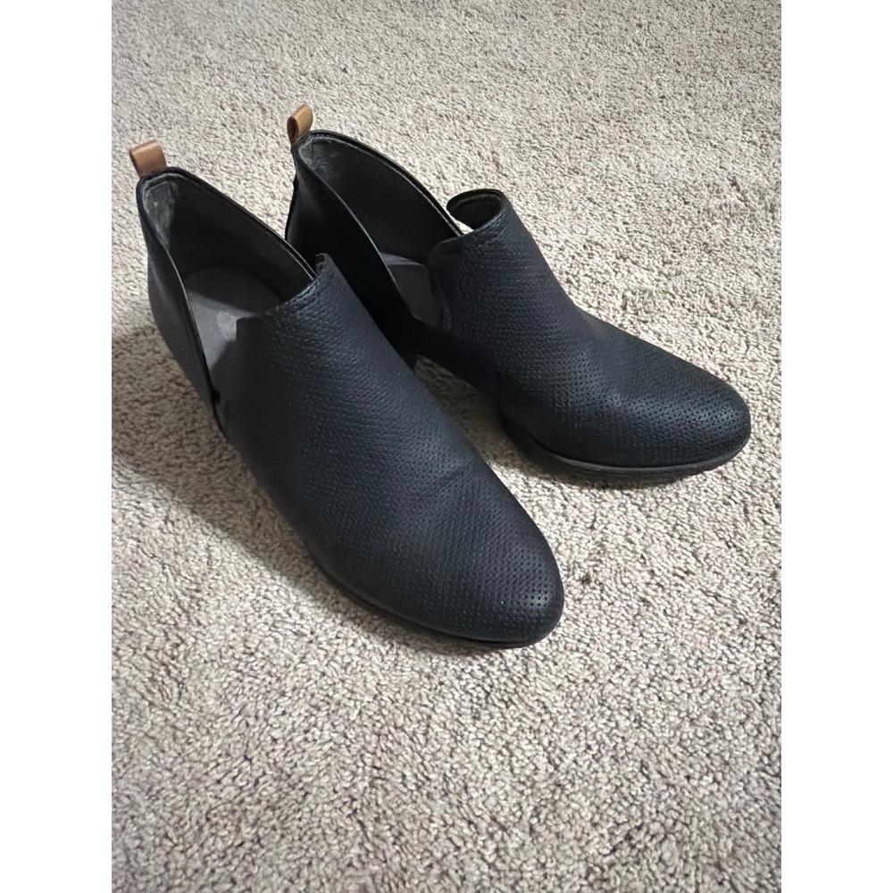 Dr Scholls Black Leather V-Cut Ankle Booties Low Block Heel Almond Toe